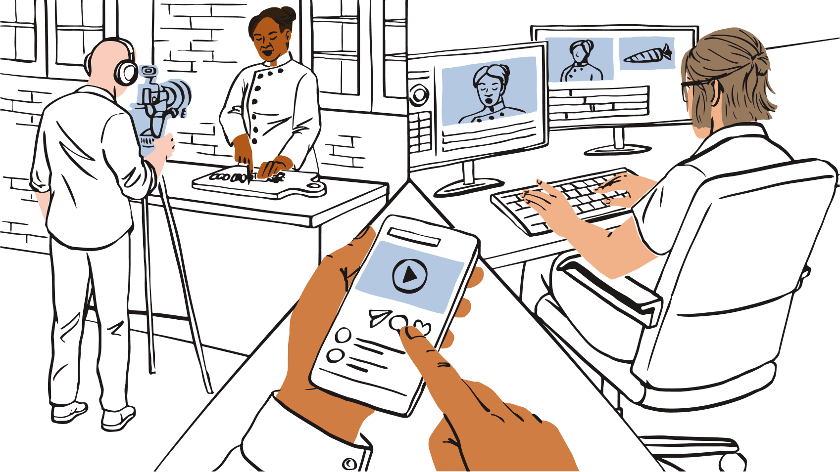 An illustration representing a video production team using dynamic watermarks in their editing process.