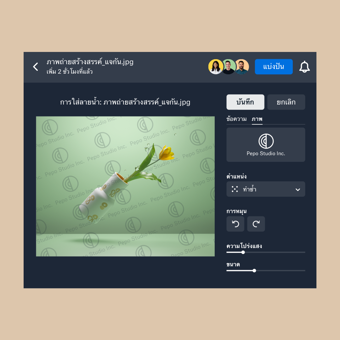อินเตอร์เฟสการใส่ลายน้ำใน Dropbox นั้นมีตัวสลับสำหรับการเลือกภาพลายน้ำ รวมทั้งตำแหน่ง ความทึบ และขนาดของลายน้ำ