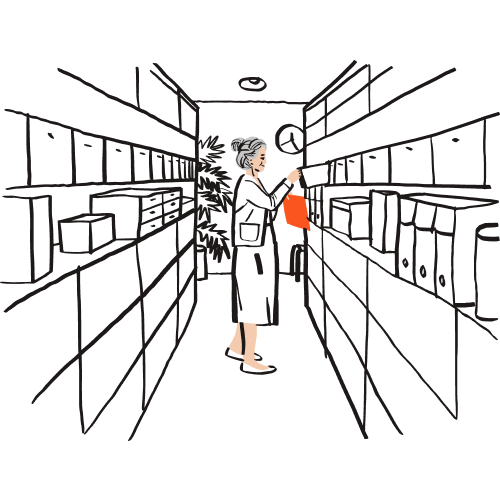 A figure browsing through various archived files.