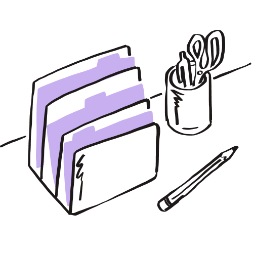 Three folders sit on a desk next to the stationery.