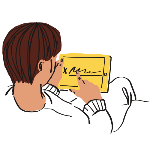 A person holding a tablet device sits and signs a document electronically using its touch screen.