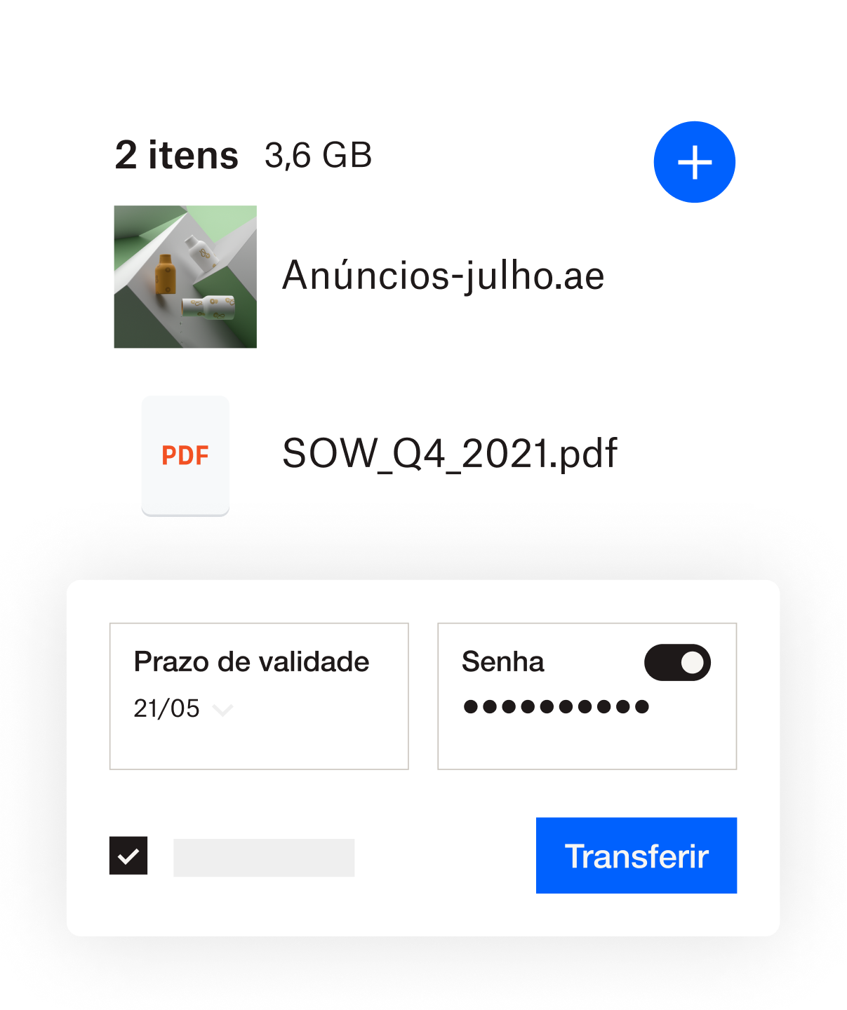 A interface Dropbox onde um prazo de validade e senha podem ser adicionados a um arquivo