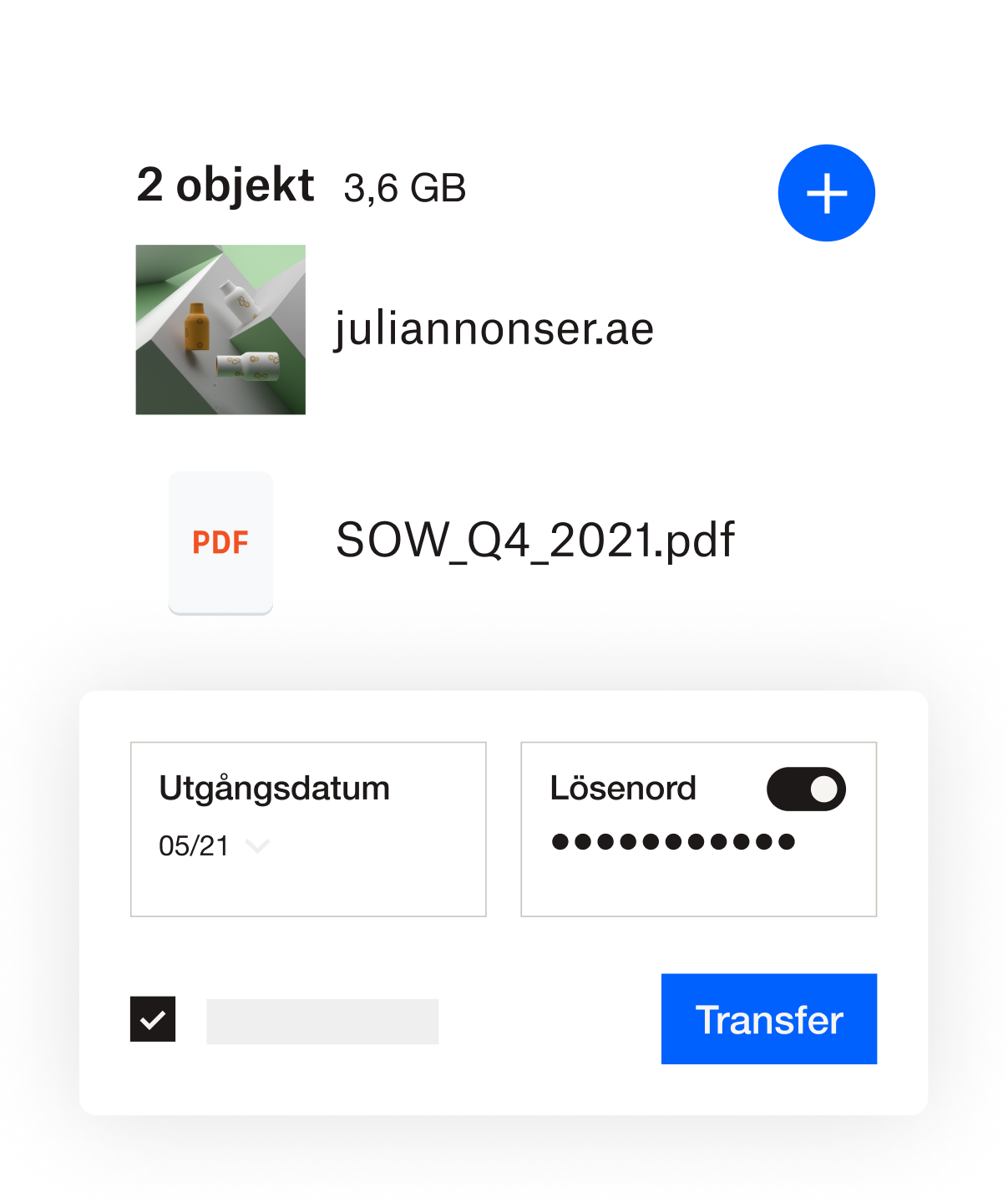 Dropbox-gränssnittet där ett utgångsdatum och lösenord kan läggas till i en fil