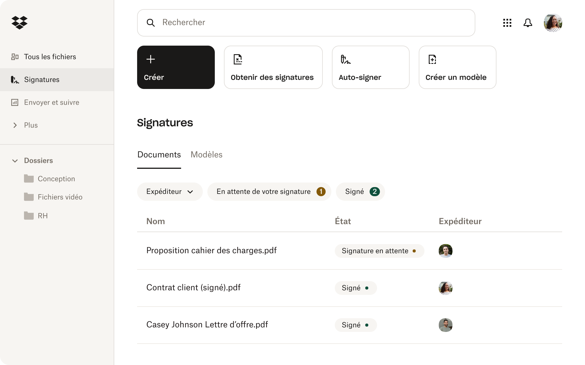 Interface de signature électronique dans Dropbox