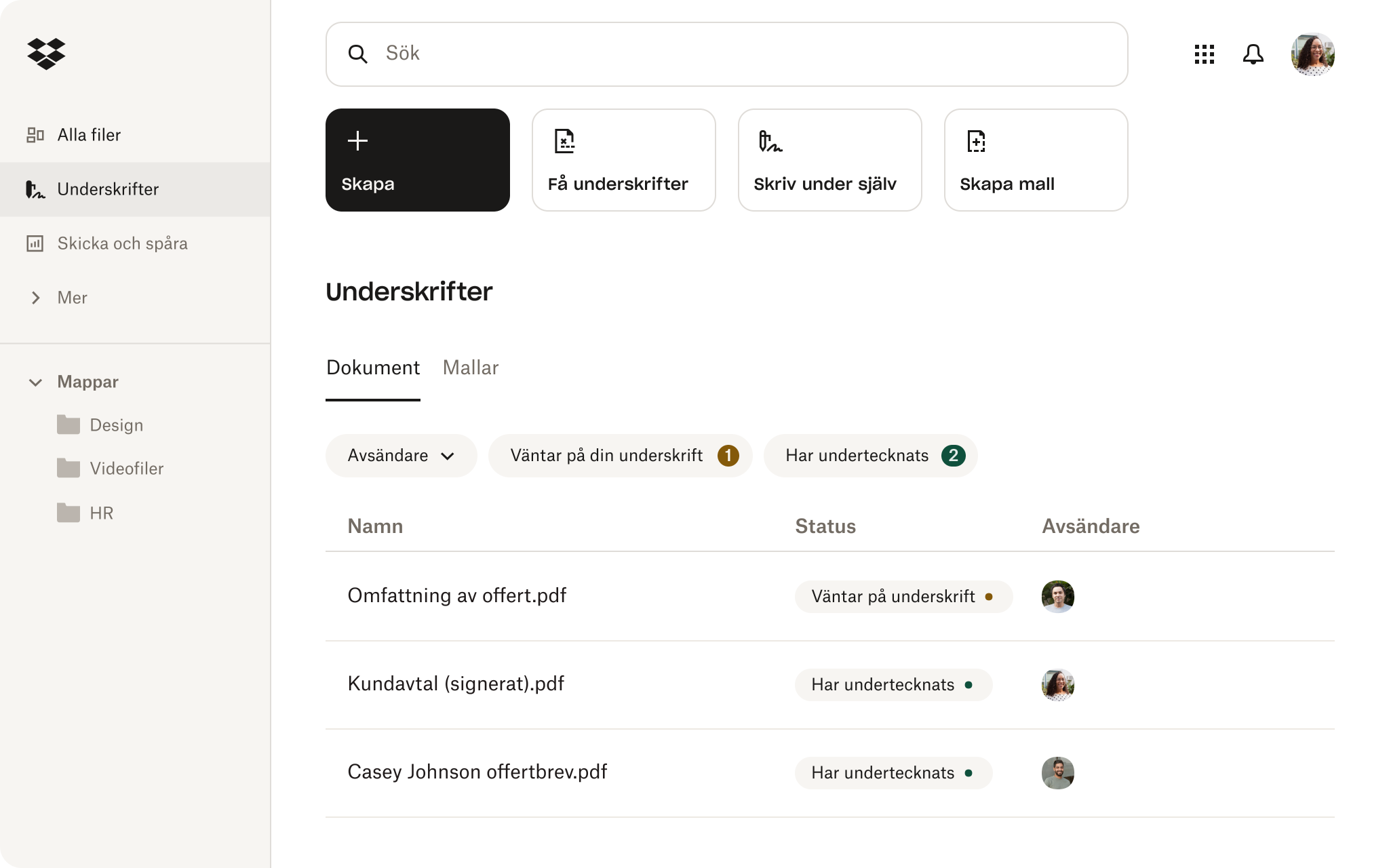 Gränssnittet för e-signaturer i Dropbox.
