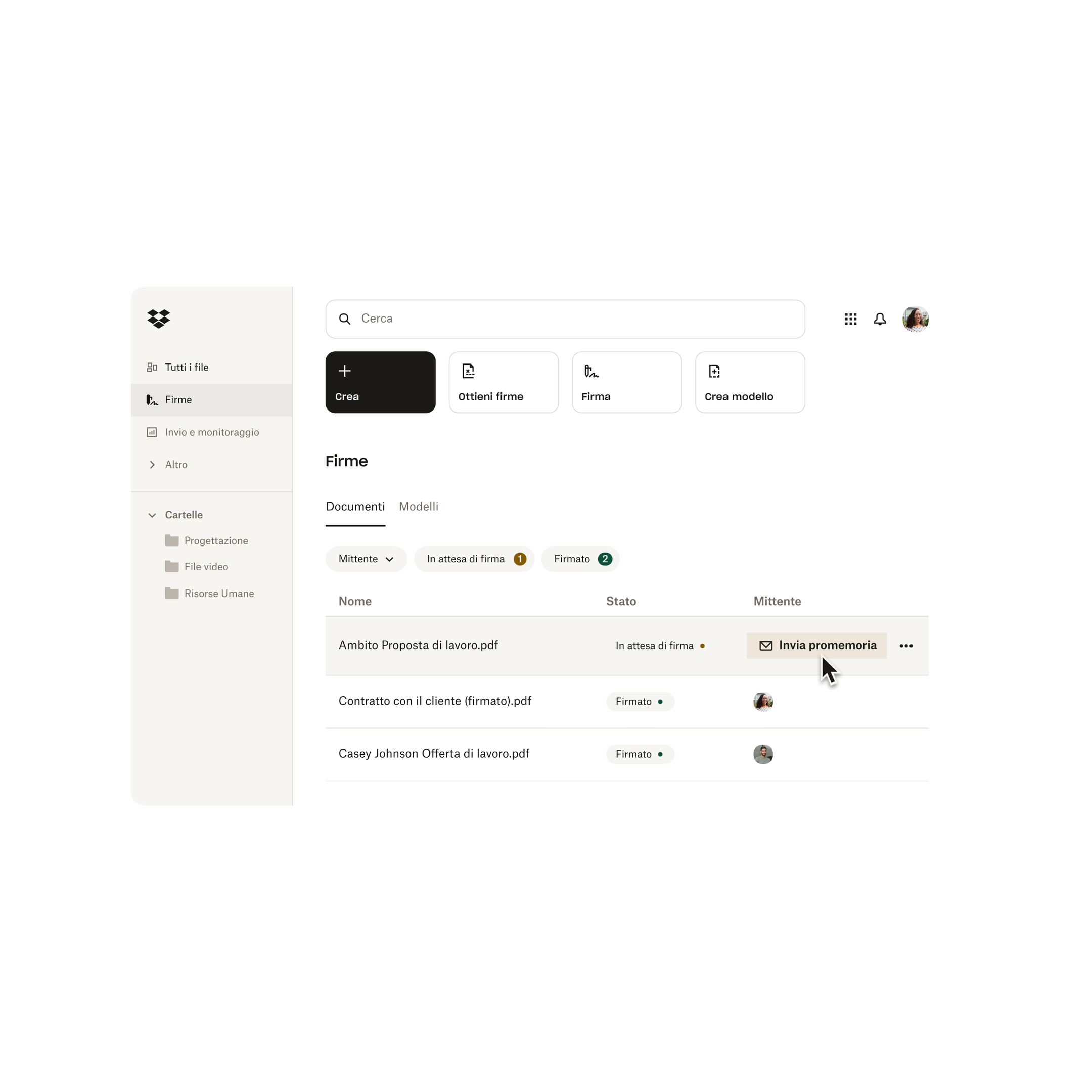 Selezione di un promemoria per la firma di un documento.