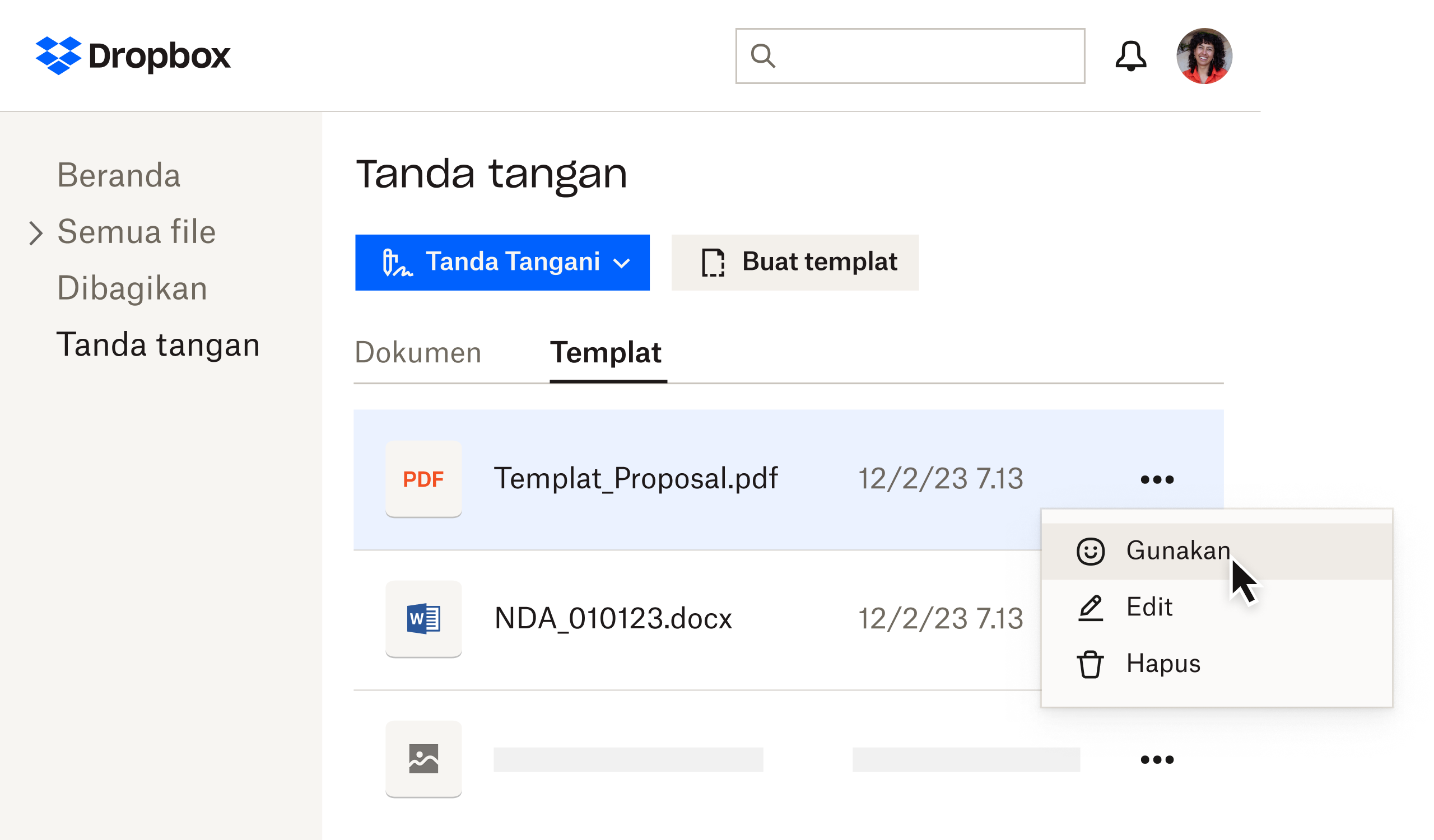 Templat di Dropbox Sign di halaman tanda tangan