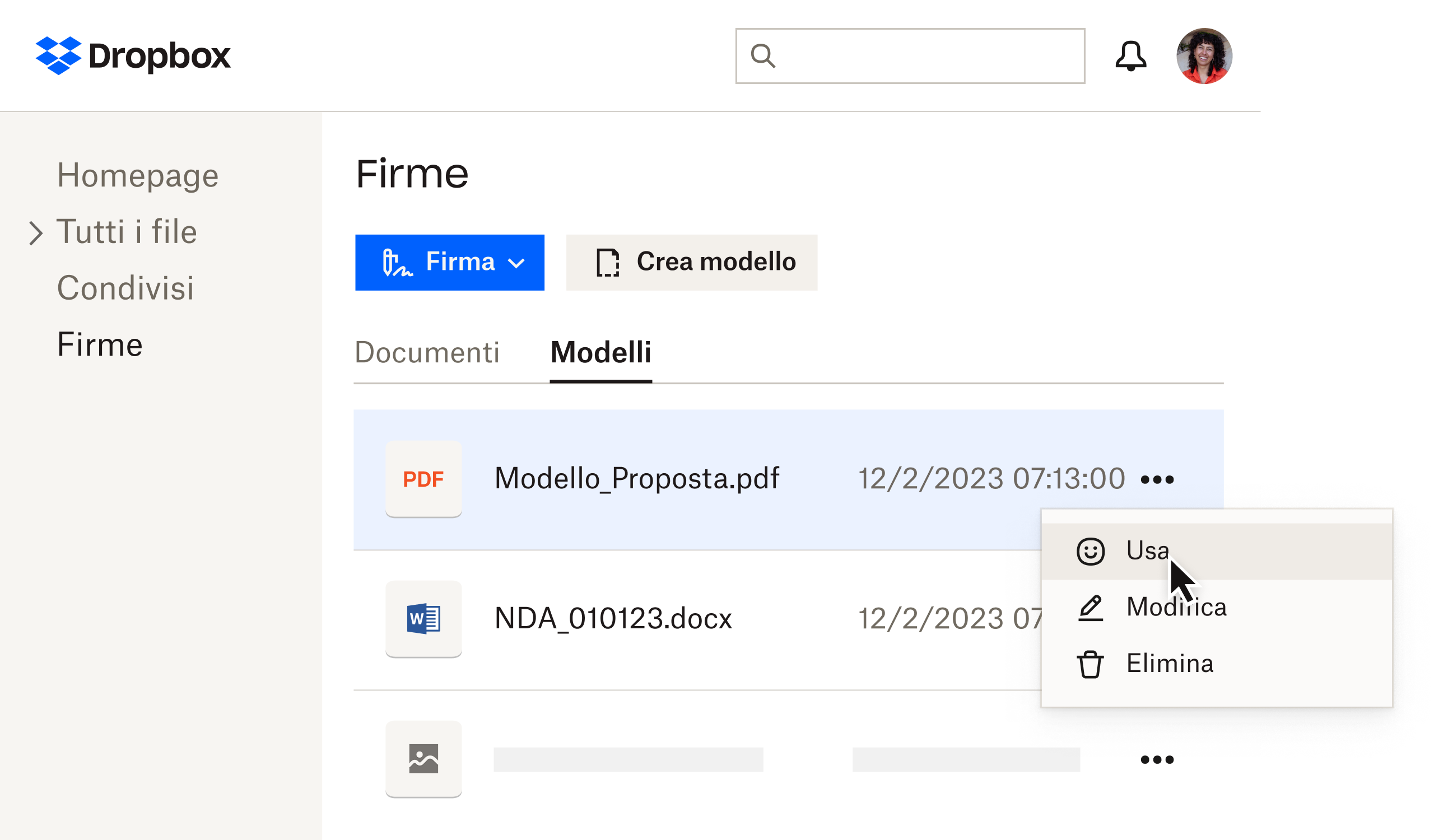 Modelli in Dropbox Sign nella pagina di firma