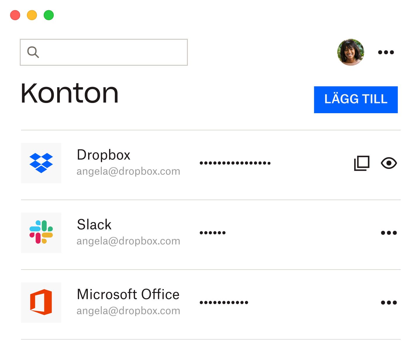 Dropbox-lösenordshanteraren med en lista över sparade lösenord för Dropbox, Slack och Microsoft Office