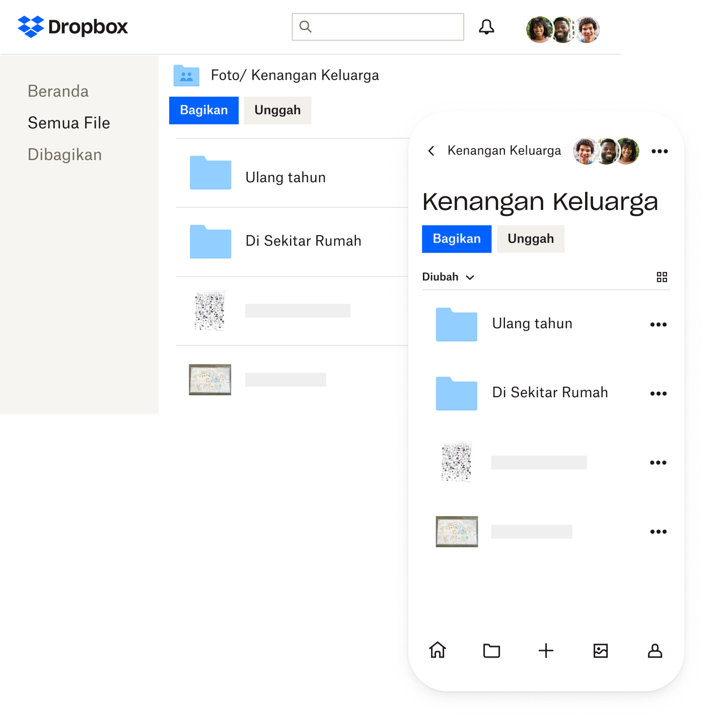 Antarmuka file Dropbox seperti yang ditampilkan di desktop dan perangkat mobile