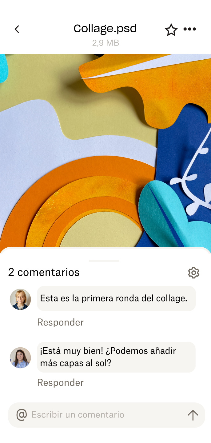Una imagen de un collage abstracto con comentarios del creador y del colaborador que figuran debajo de la imagen