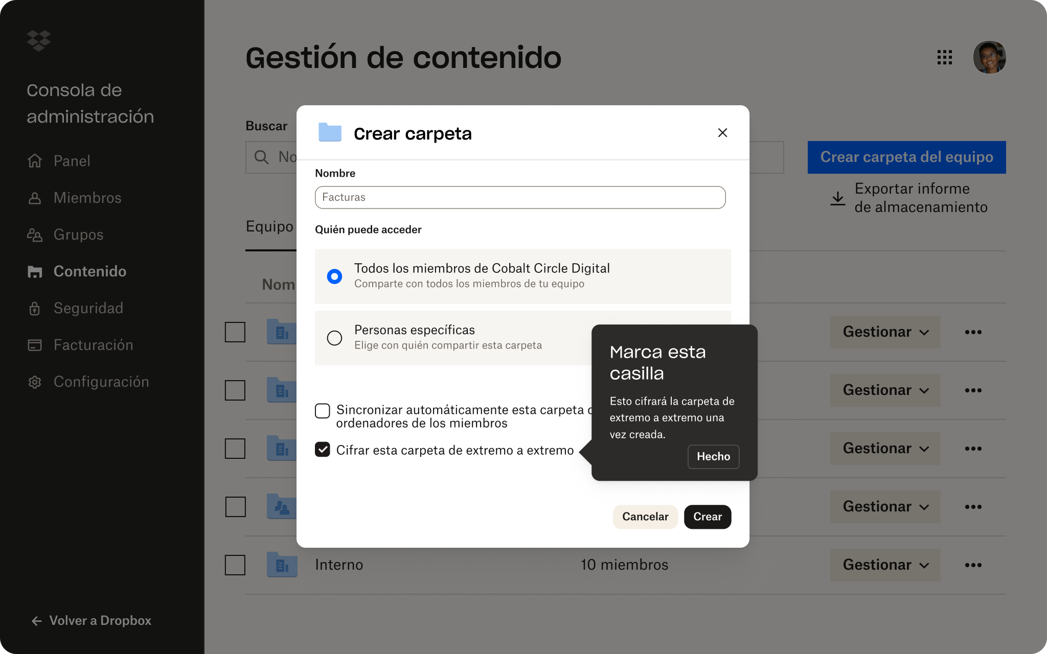 Demostración del cifrado de extremo a extremo en un clic de archivos y carpetas en una cuenta de Dropbox.