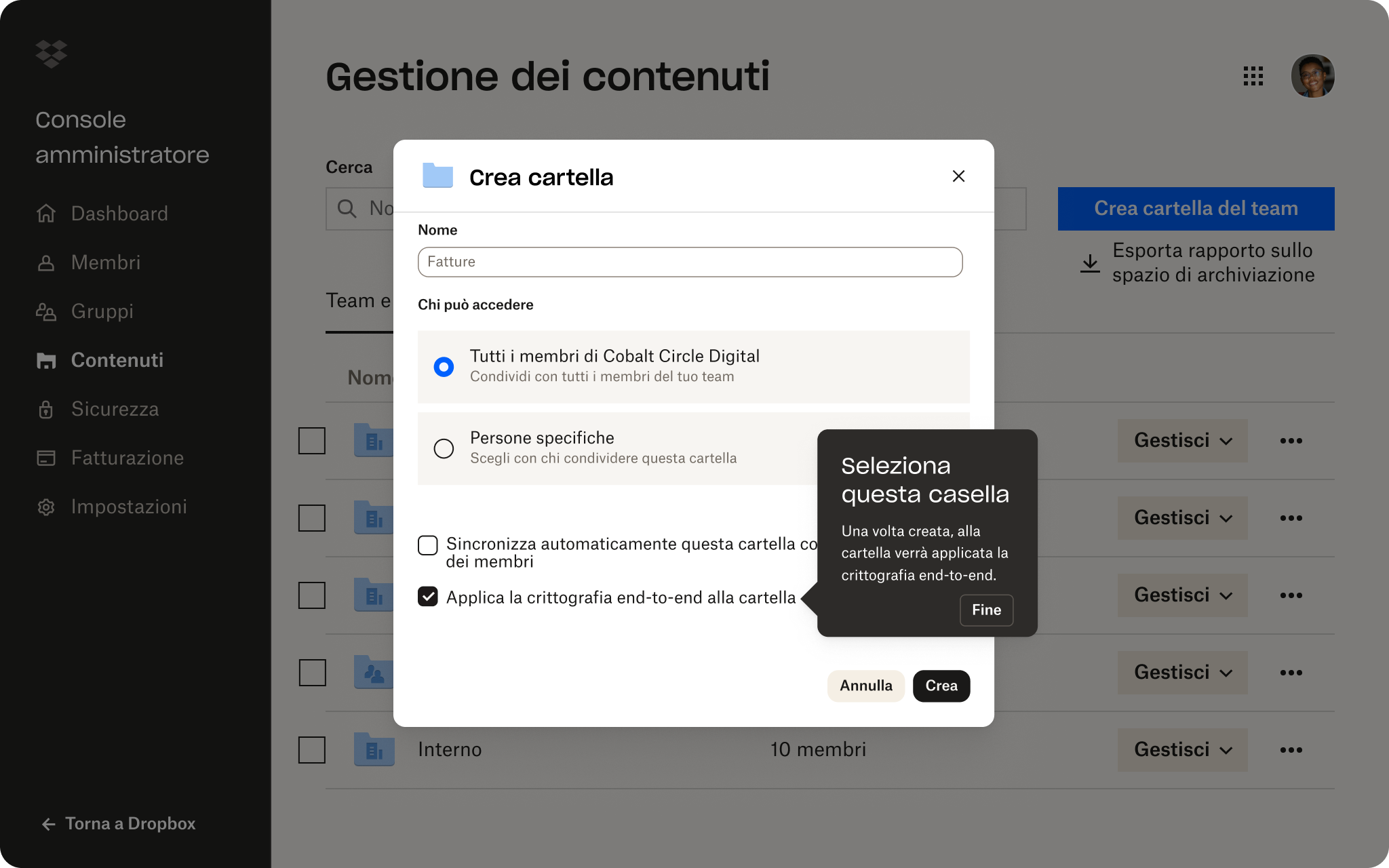 Una dimostrazione in un solo clic della crittografia end-to-end di file e cartelle in un account Dropbox.