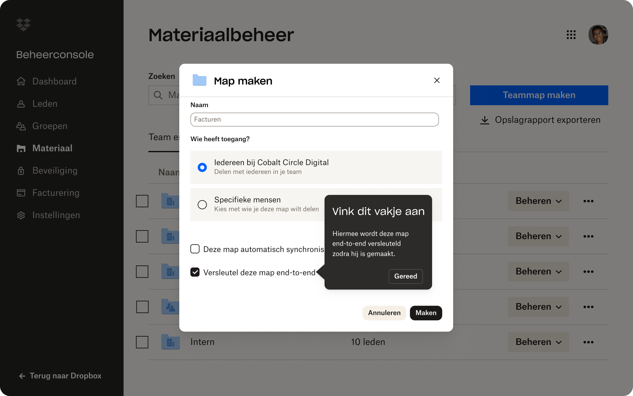 Een demonstratie van end-to-end versleuteling met één klik van bestanden en mappen in een Dropbox-account.