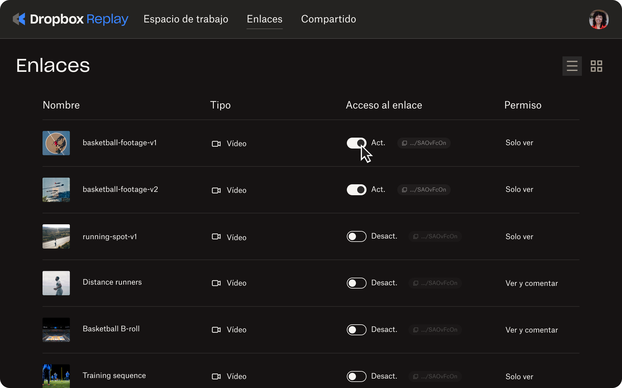 Animación del proceso para activar o desactivar el acceso a un enlace de uso compartido de archivos en Replay