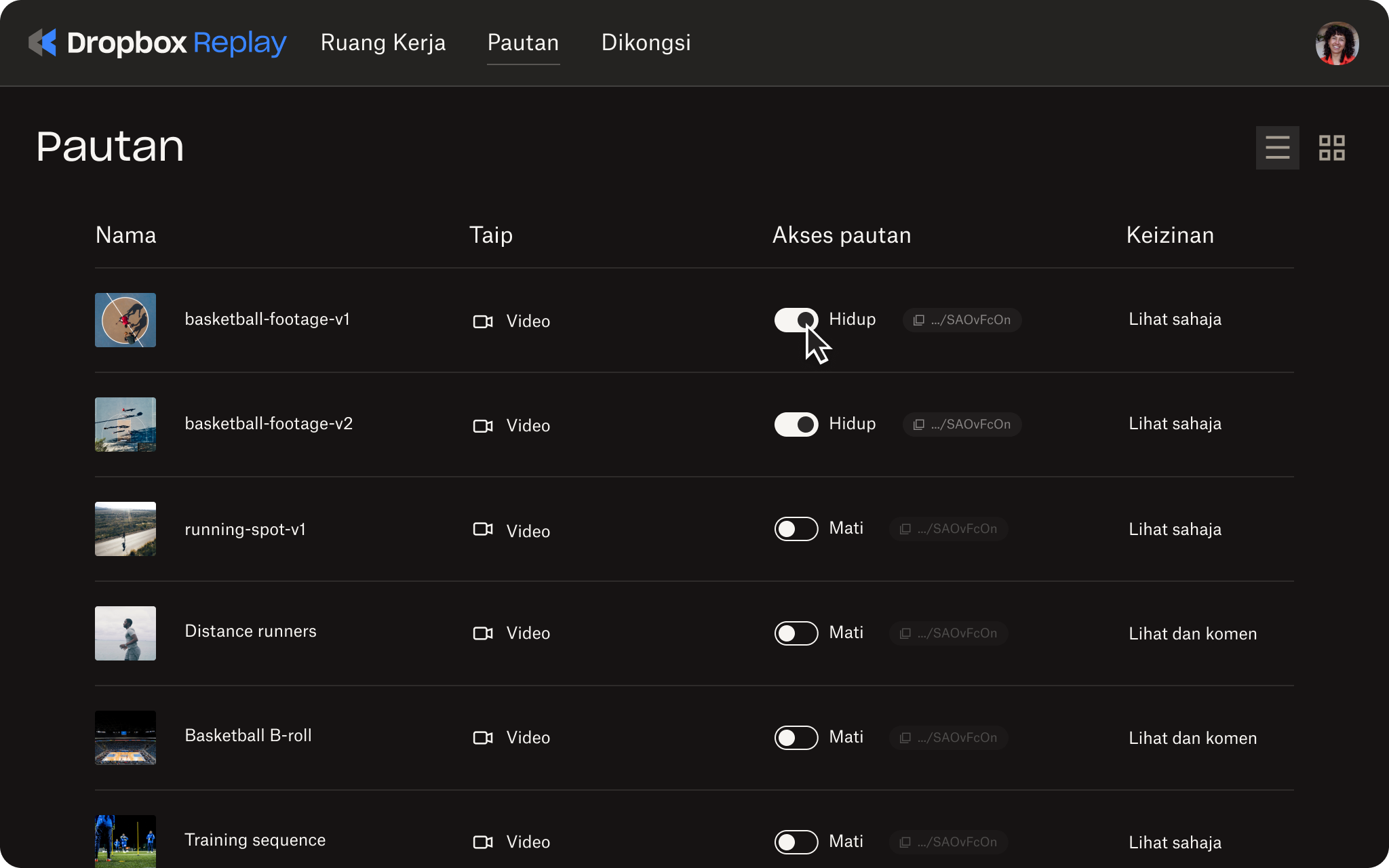 Animasi mematikan akses ke berkongsi pautan untuk fail dalam Replay