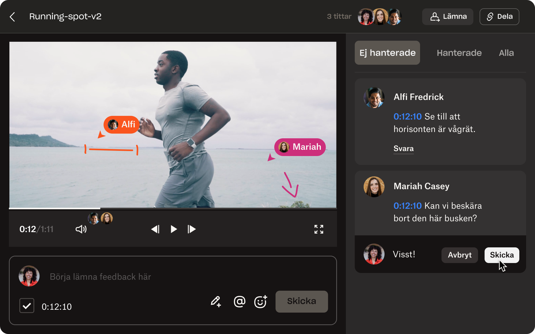 Animering av samarbete kring och granskning av en video i Replay