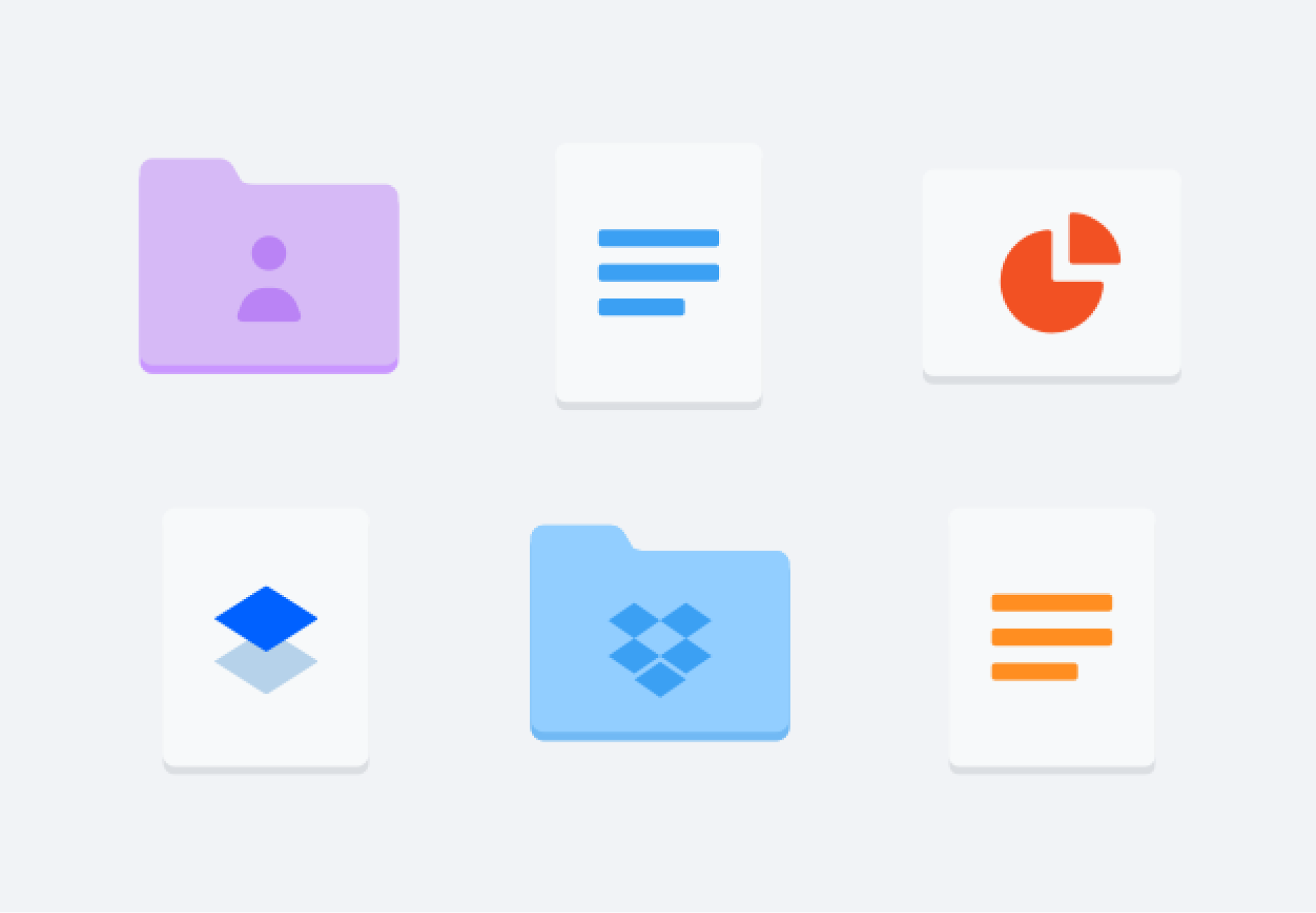 An illustration of six icons including folders, documents, and charts, as examples of files and folders stored in Dropbox.