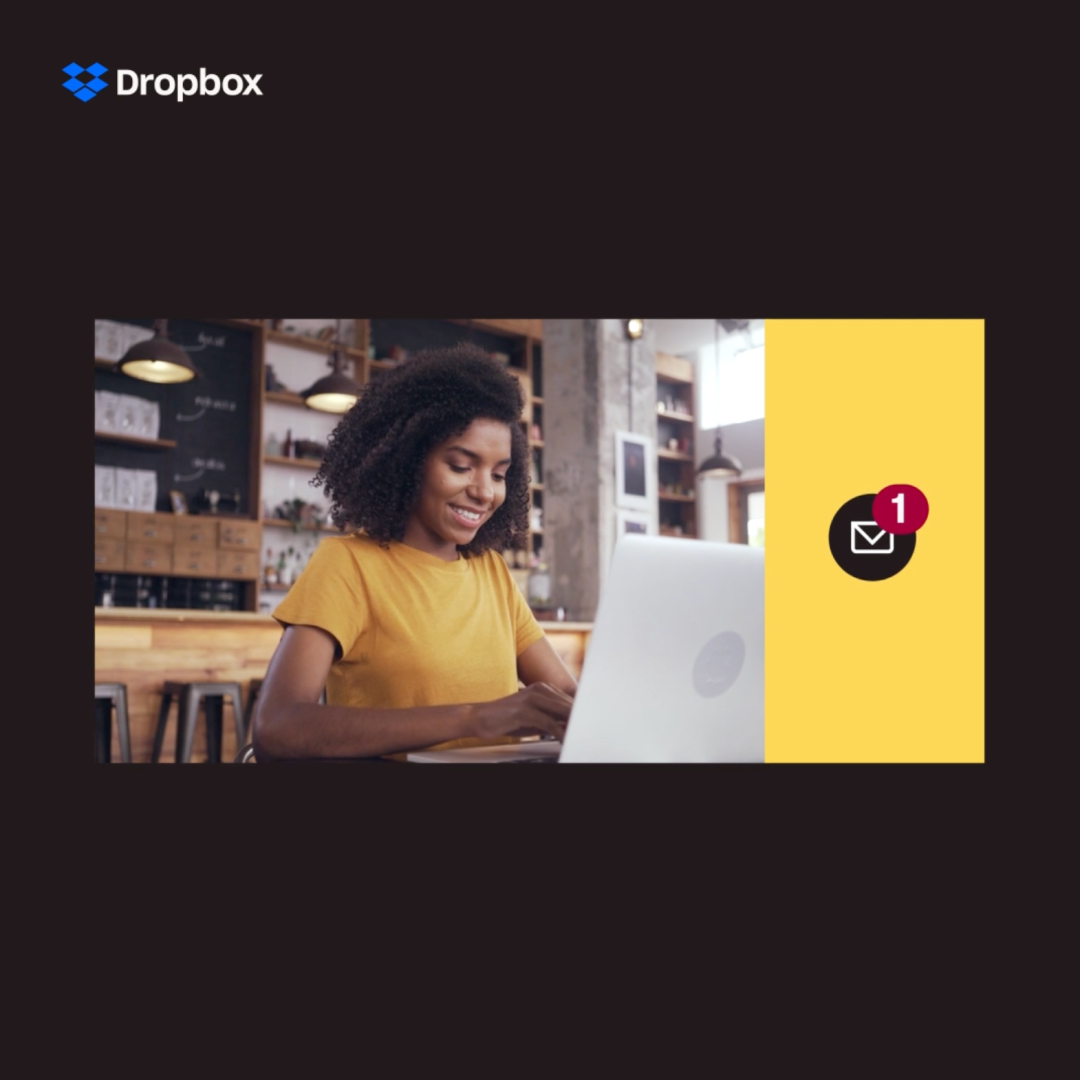 A woman working on a laptop in a café, smiling. A yellow panel on the right displays an email icon with a notification badge.